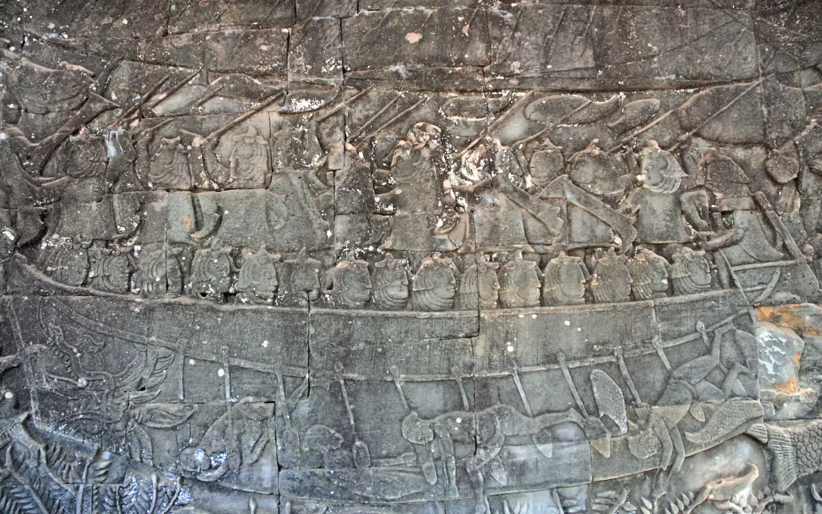 Bas-relief at the Bayon showing boats with warriors in a naval battle